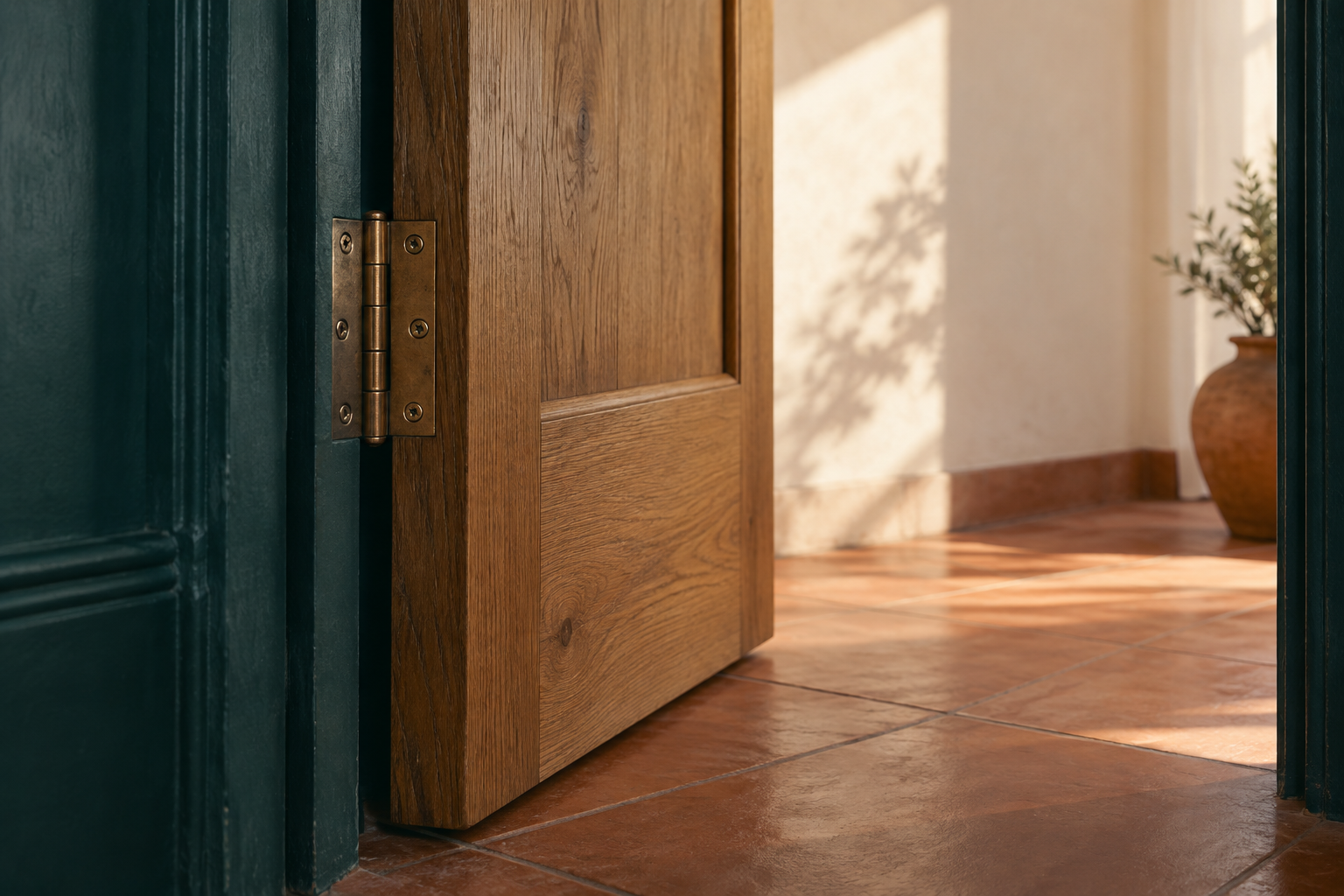 Il dettaglio di una porta aperta mette in evidenza il passaggio tra due spazi.